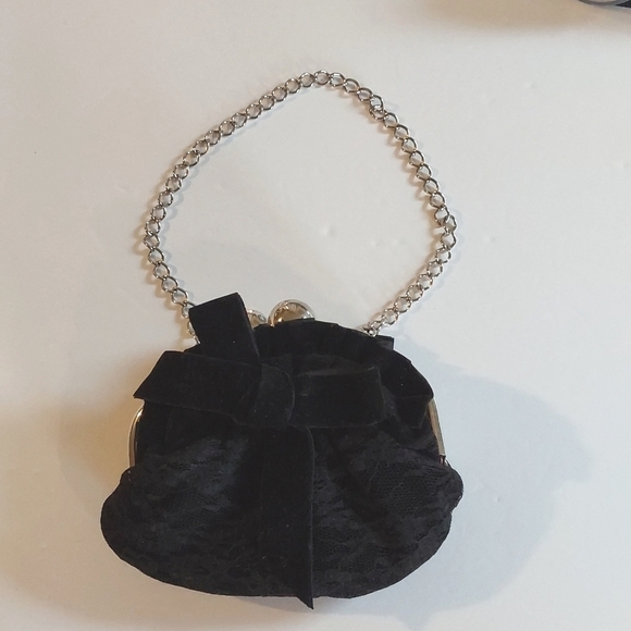 Paris Hilton Black lace / Velvet Bow Evening Bag Silver Sparkle RHINESTONES New! - Picture 1 of 9